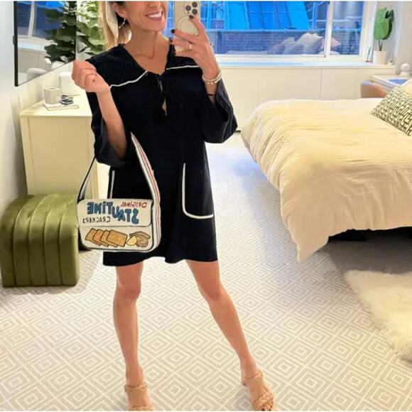 SEA Blue Mini Shift Dress SMALL Nautical Anime Cottage Embroidered Designer $400 - Picture 4 of 12